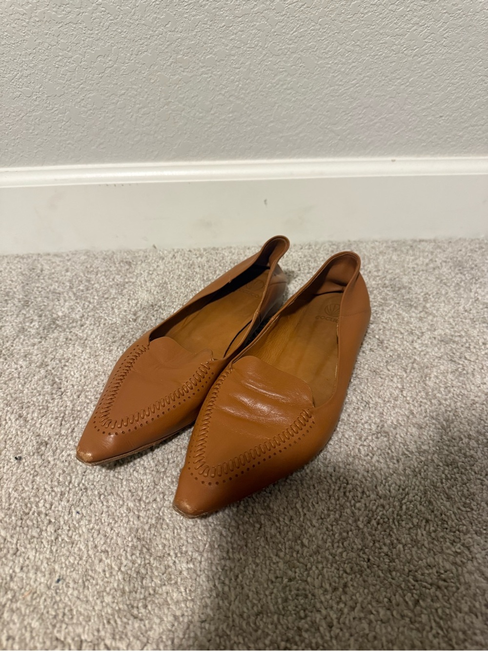 COCLICO “Chance” Pointed Leather Slip-On Flats in Tan